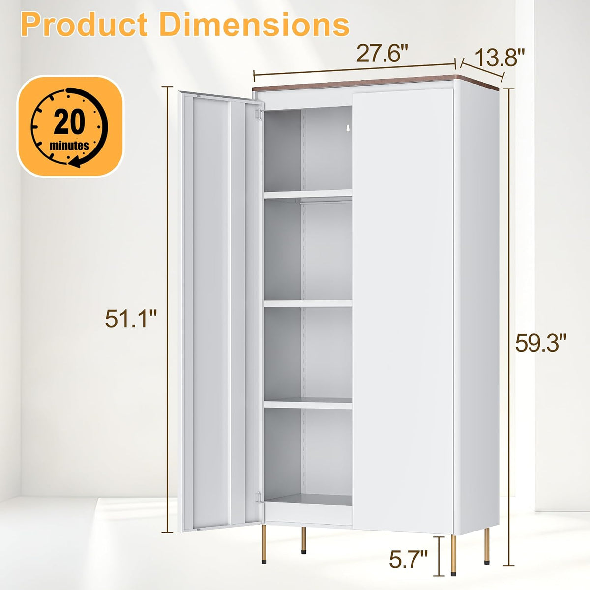 Outstar 60" H Metal Pantry Cabinet with 4 Shelves & Concealed Handle