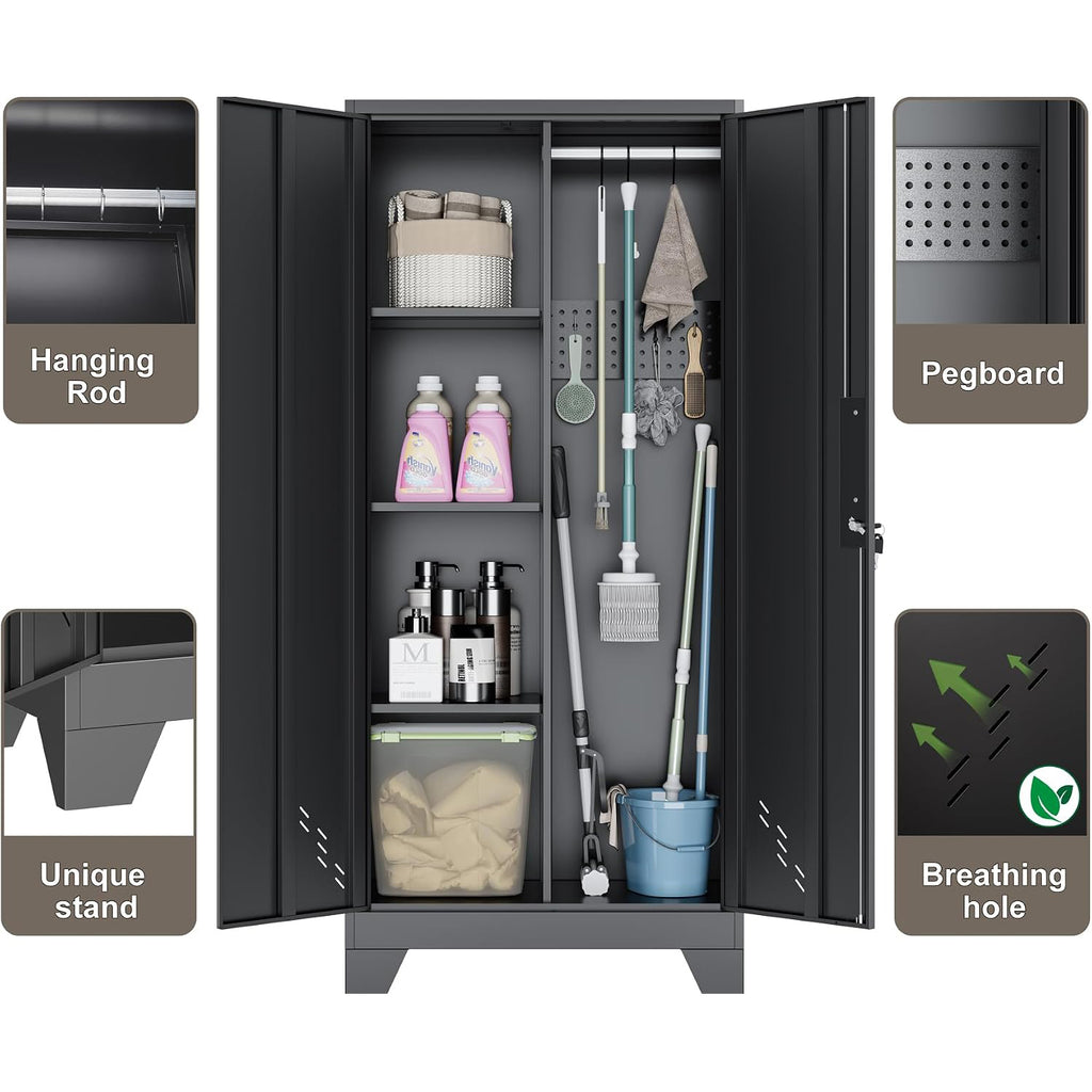 Outstar 61 Inch Metal Cleaning Supply Cabinet With Pegboard Lockable Broom Closet Utility Locker Black