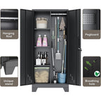 Outstar 61 Inch Metal Cleaning Supply Cabinet With Pegboard Lockable Broom Closet Utility Locker Black