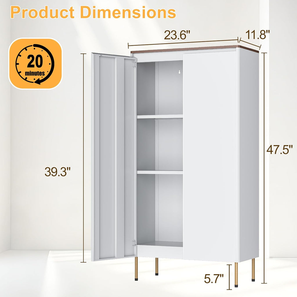 Outstar 47 Inch Metal Pantry Cabinet with Wood Top and Rounded Edges