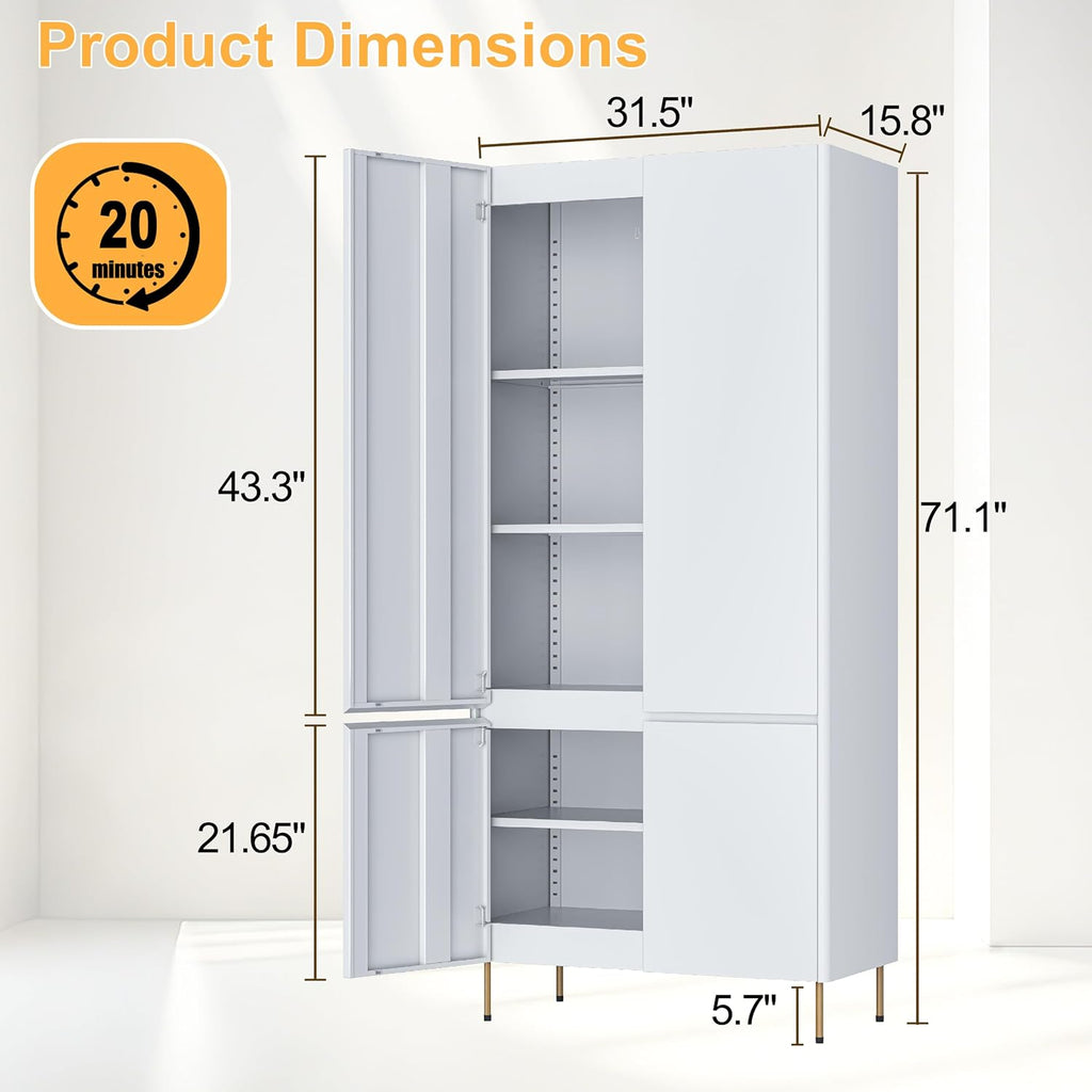 Outstar 71 Inch Tall Steel Storage Cabinet 4 Door Pantry Cabinet with Concealed Handles