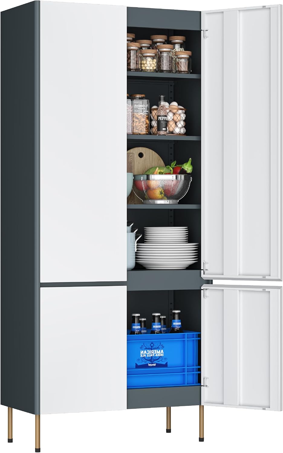 Outstar 71 Inch Tall Steel Storage Cabinet 4 Door Pantry Cabinet with Concealed Handles