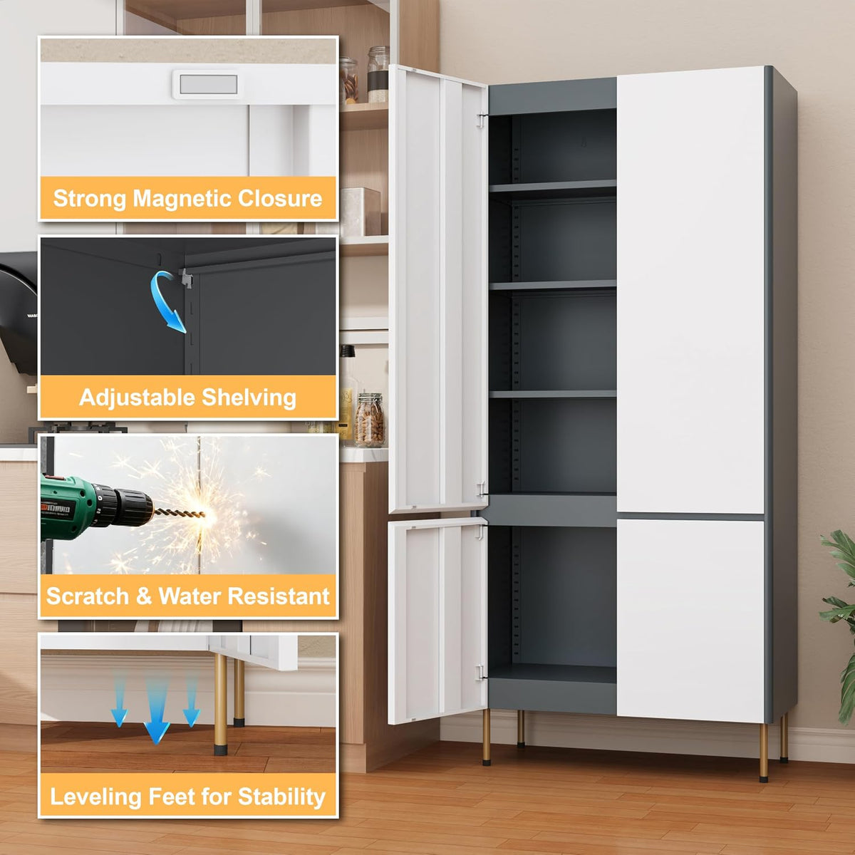 Outstar 71 Inch Tall Steel Storage Cabinet 4 Door Pantry Cabinet with Concealed Handles