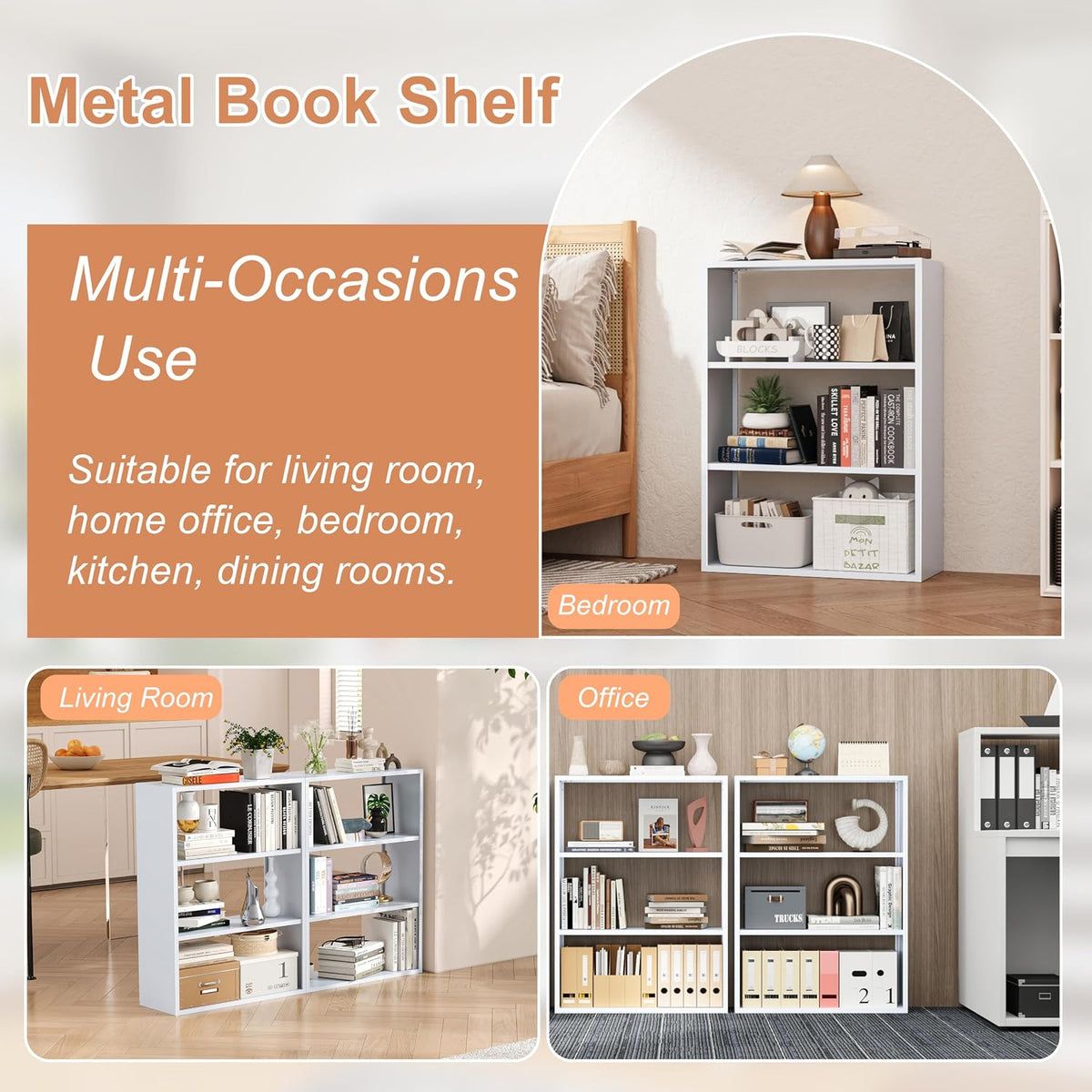 Outstar 3 Tier Metal Short Bookshelf Steel Storage Organizer Shelf With Corner Bumpers White
