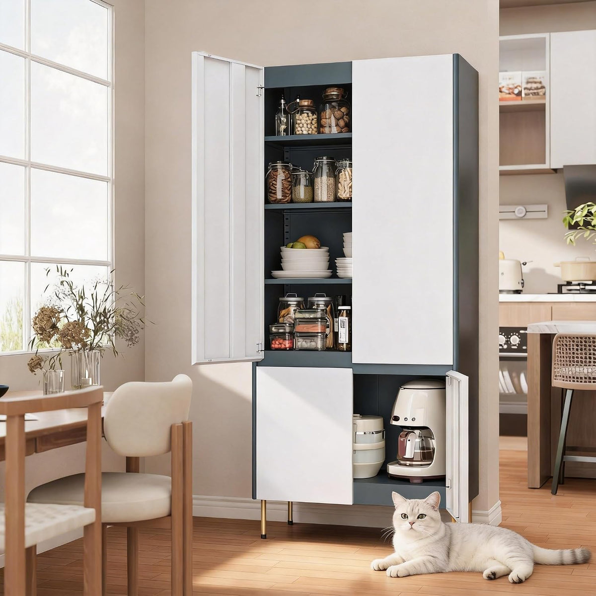 Outstar 71 Inch Tall Steel Storage Cabinet 4 Door Pantry Cabinet with Concealed Handles