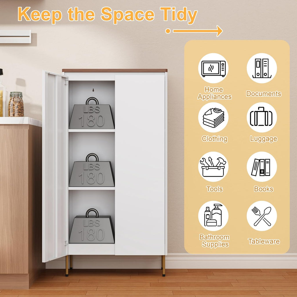 Outstar 47 Inch Metal Pantry Cabinet with Wood Top and Rounded Edges