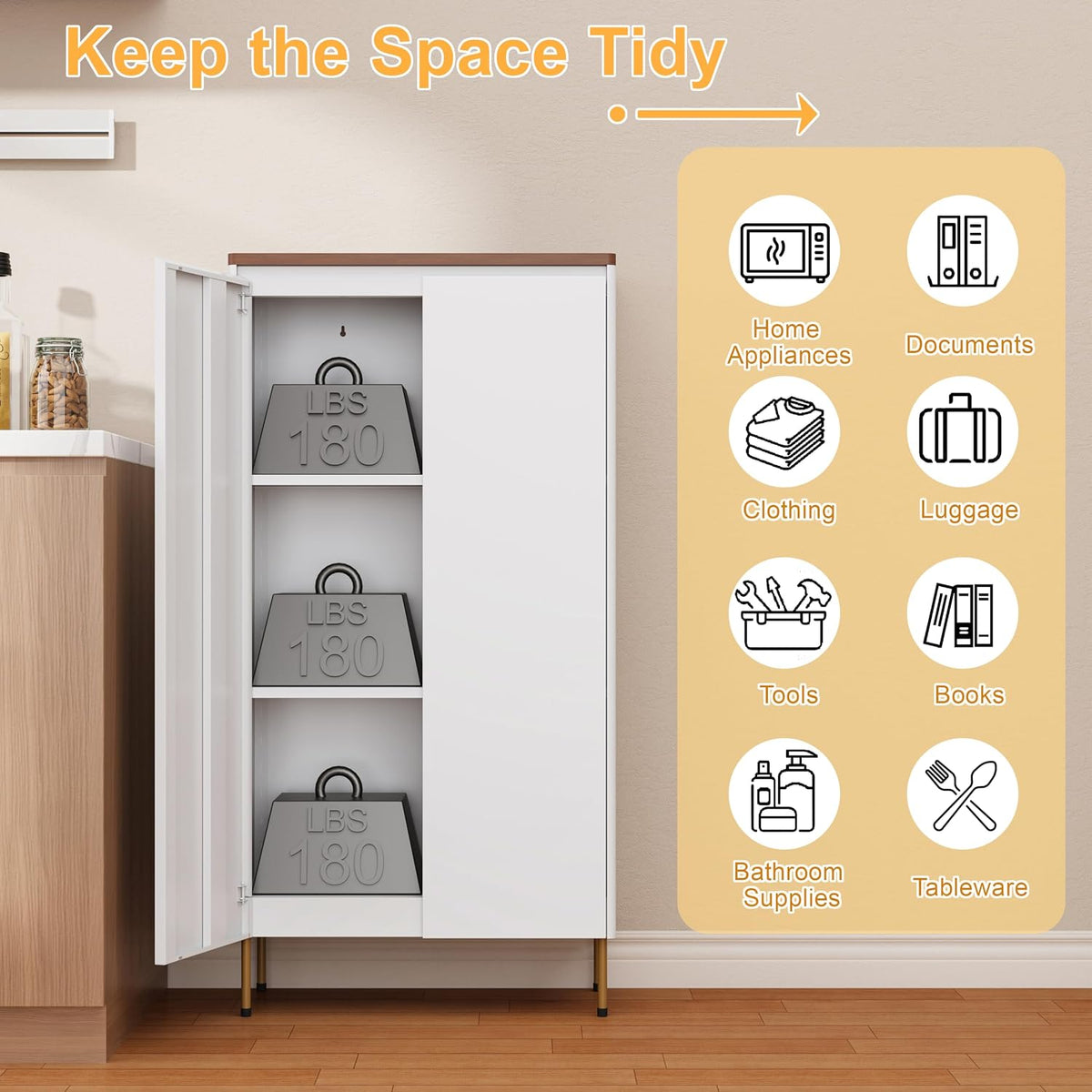Outstar 47 Inch Metal Pantry Cabinet with Wood Top and Rounded Edges