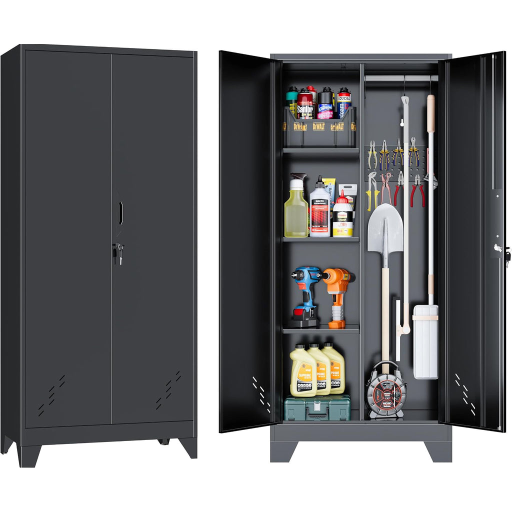 Outstar 61 Inch Metal Cleaning Supply Cabinet With Pegboard Lockable Broom Closet Utility Locker Black