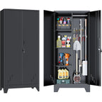 Outstar 61 Inch Metal Cleaning Supply Cabinet With Pegboard Lockable Broom Closet Utility Locker Black