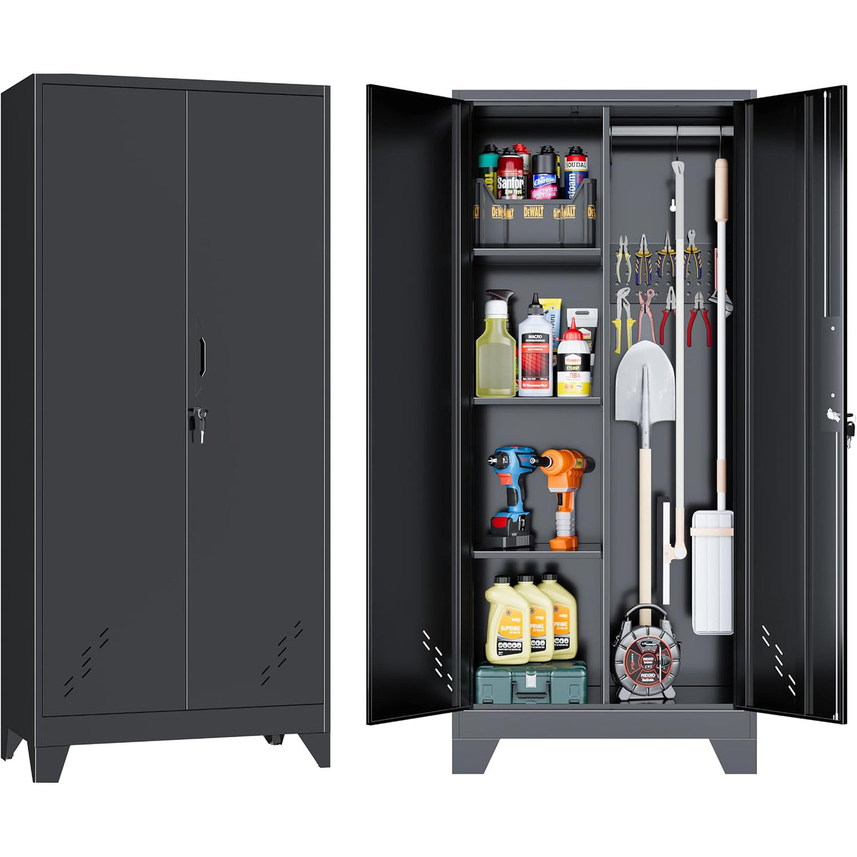 Outstar 61 Inch Metal Cleaning Supply Cabinet With Pegboard Lockable Broom Closet Utility Locker Black