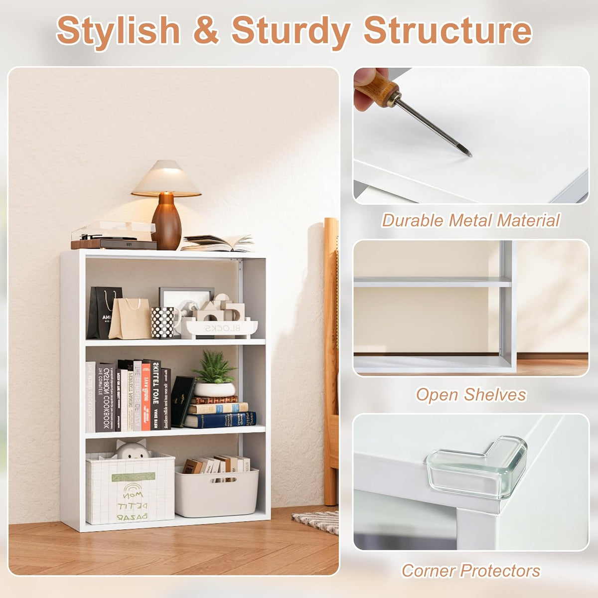 Outstar 3 Tier Metal Short Bookshelf Steel Storage Organizer Shelf With Corner Bumpers White