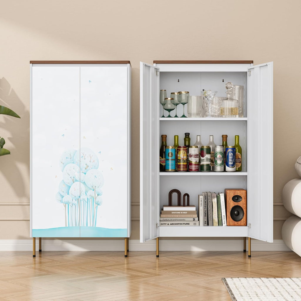 Outstar 47 Inch Metal Pantry Cabinet with Wood Top and Rounded Edges