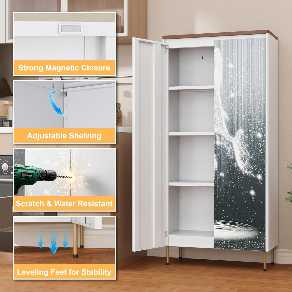 Outstar 60" H Metal Pantry Cabinet with 4 Shelves & Concealed Handle