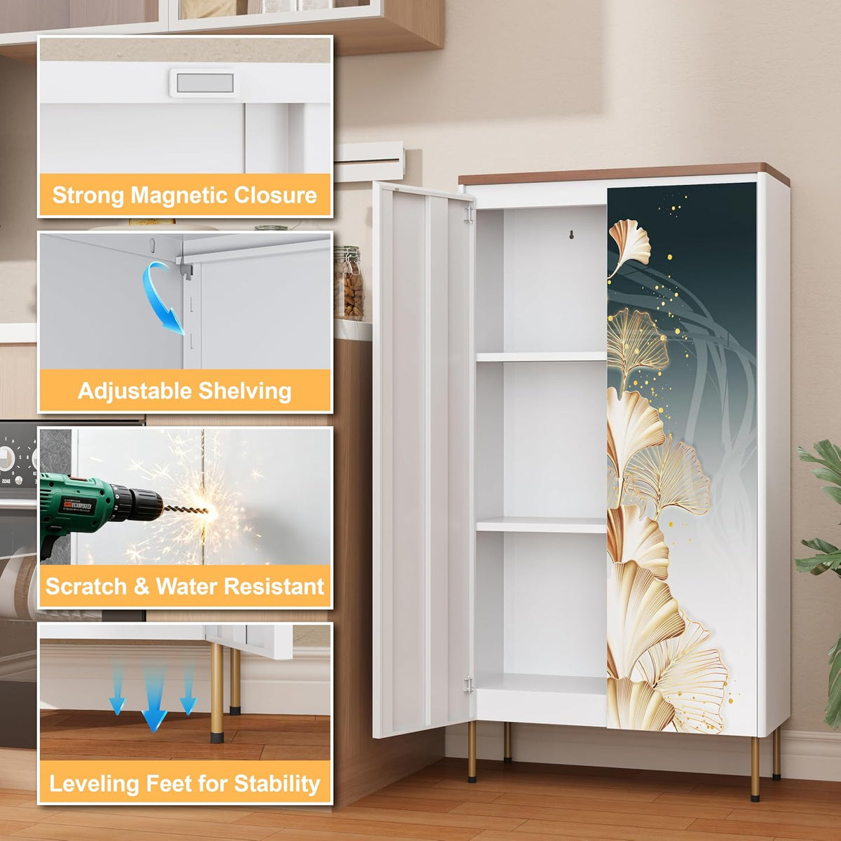 Outstar 47 Inch Metal Pantry Cabinet with Wood Top and Rounded Edges