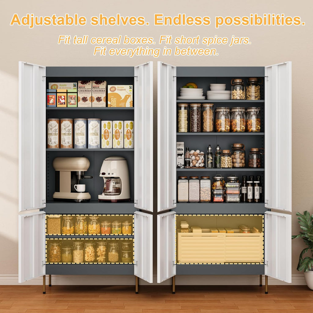 Outstar 71 Inch Tall Steel Storage Cabinet 4 Door Pantry Cabinet with Concealed Handles