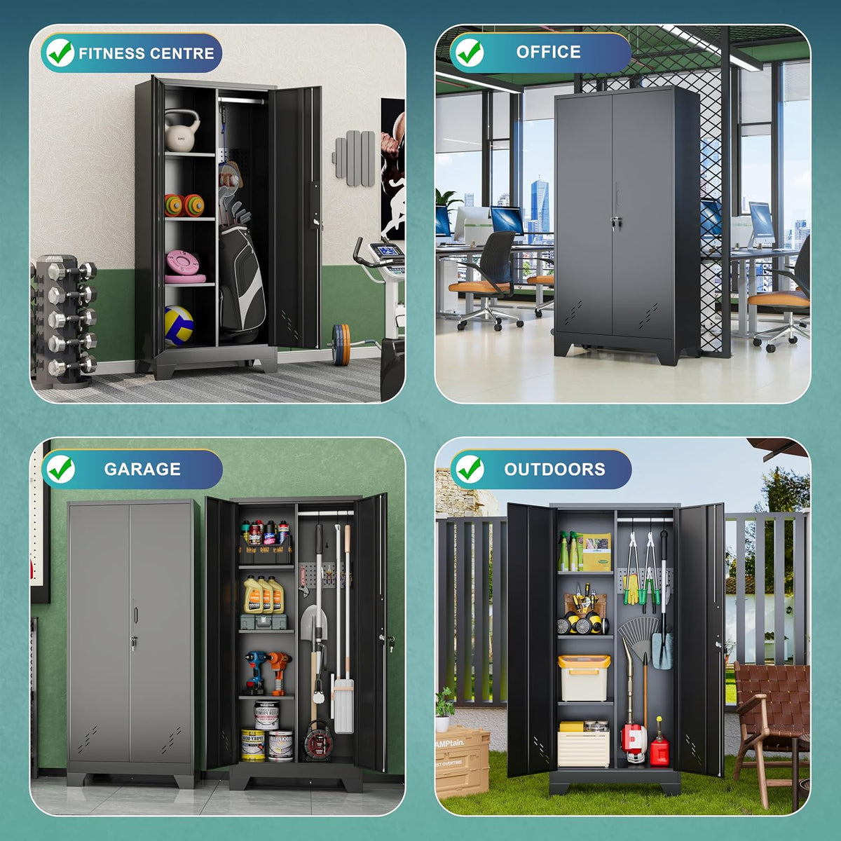 Outstar 61 Inch Metal Cleaning Supply Cabinet With Pegboard Lockable Broom Closet Utility Locker Black