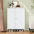 Freestanding steel shoe storage cabinet holding 16 to 20 pairs for entryway