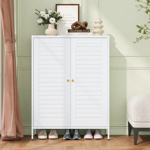 Freestanding steel shoe storage cabinet holding 16 to 20 pairs for entryway