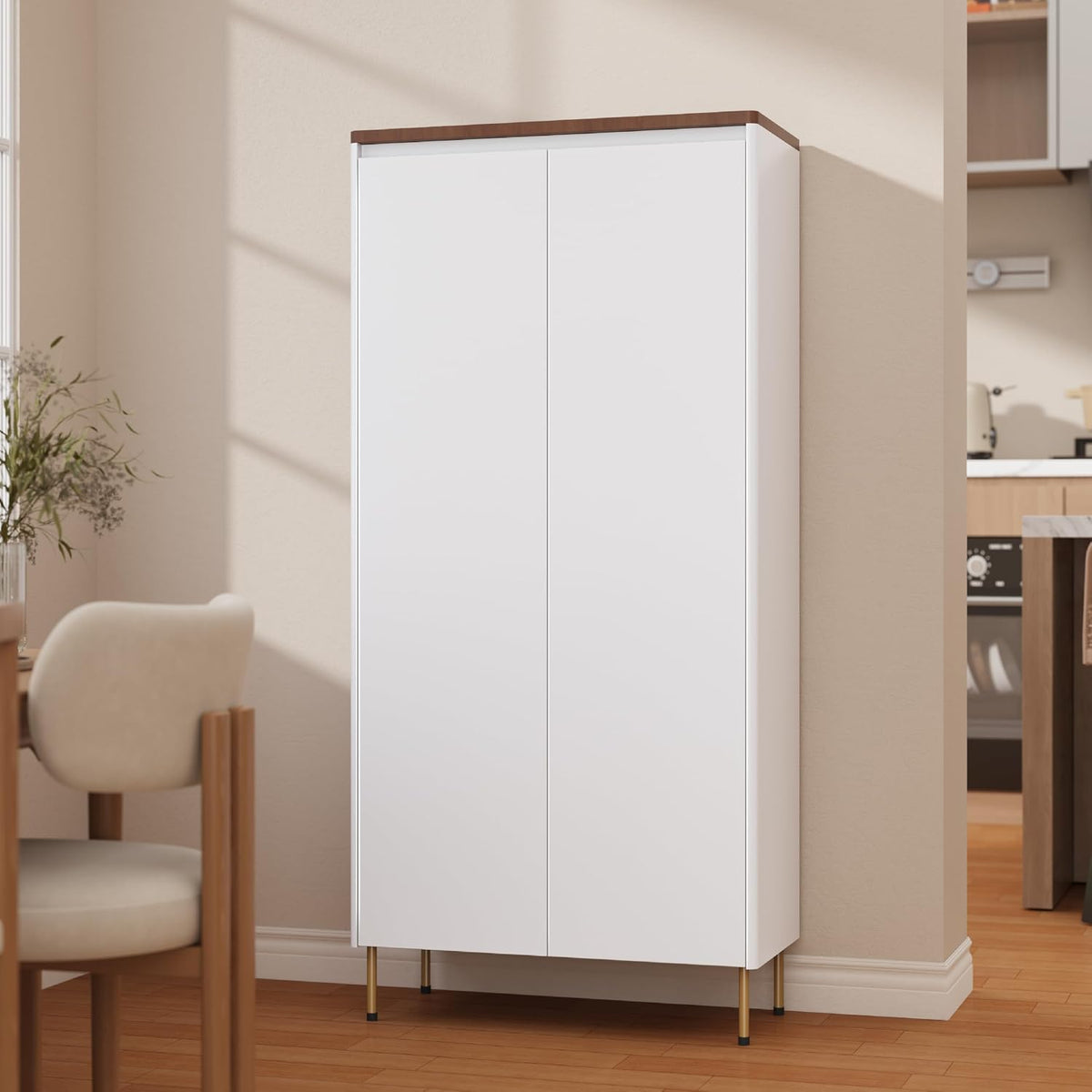 Outstar 60 inch white metal pantry cabinet with wood top and concealed handles