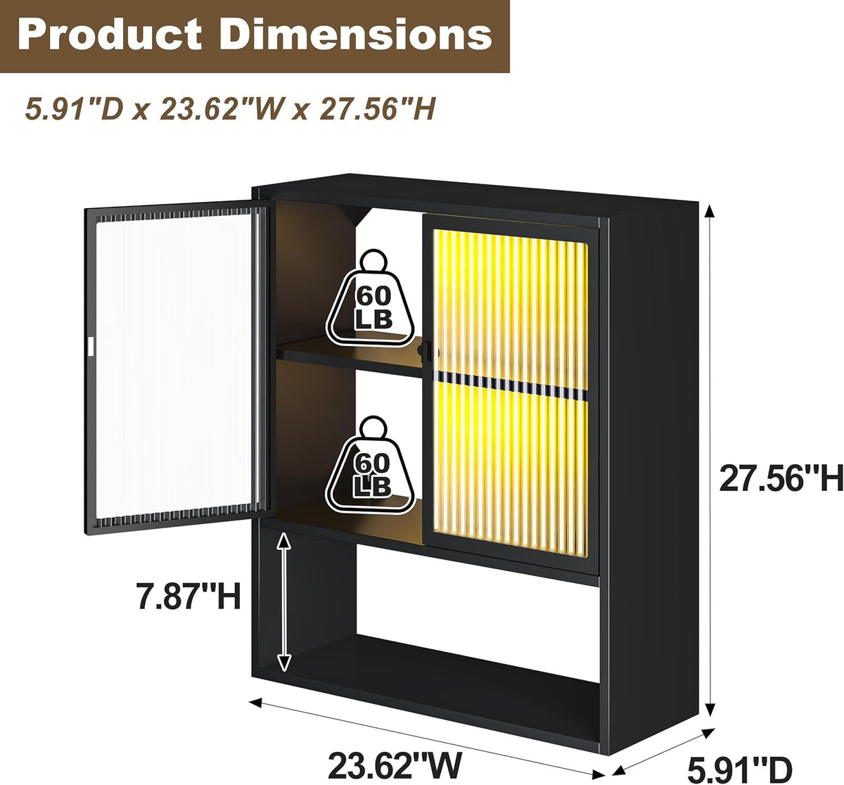 Outstar Wall Mounted Bathroom Cabinet With Glass Doors 3 Tier Metal Storage Cabinet With 2 LED Lights for Bathroom
