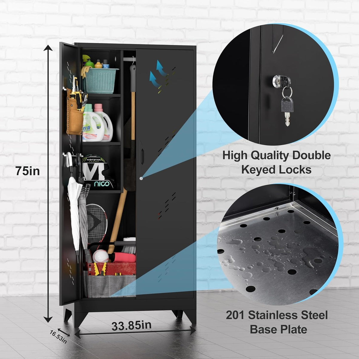 Outstar 75 Inch Tall Metal Utility Cleaning Cabinet Lockable Garage Storage Locker Broom Closet With Drainage Board Black