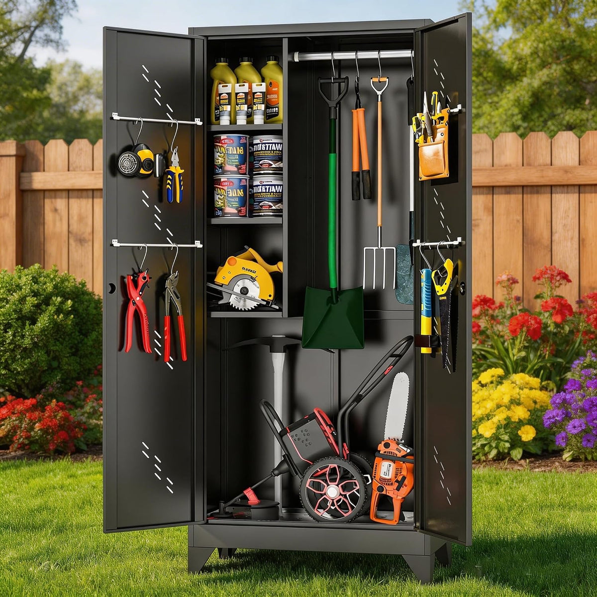 Outstar 75 Inch Tall Metal Utility Cleaning Cabinet Lockable Garage Storage Locker Broom Closet With Drainage Board Black