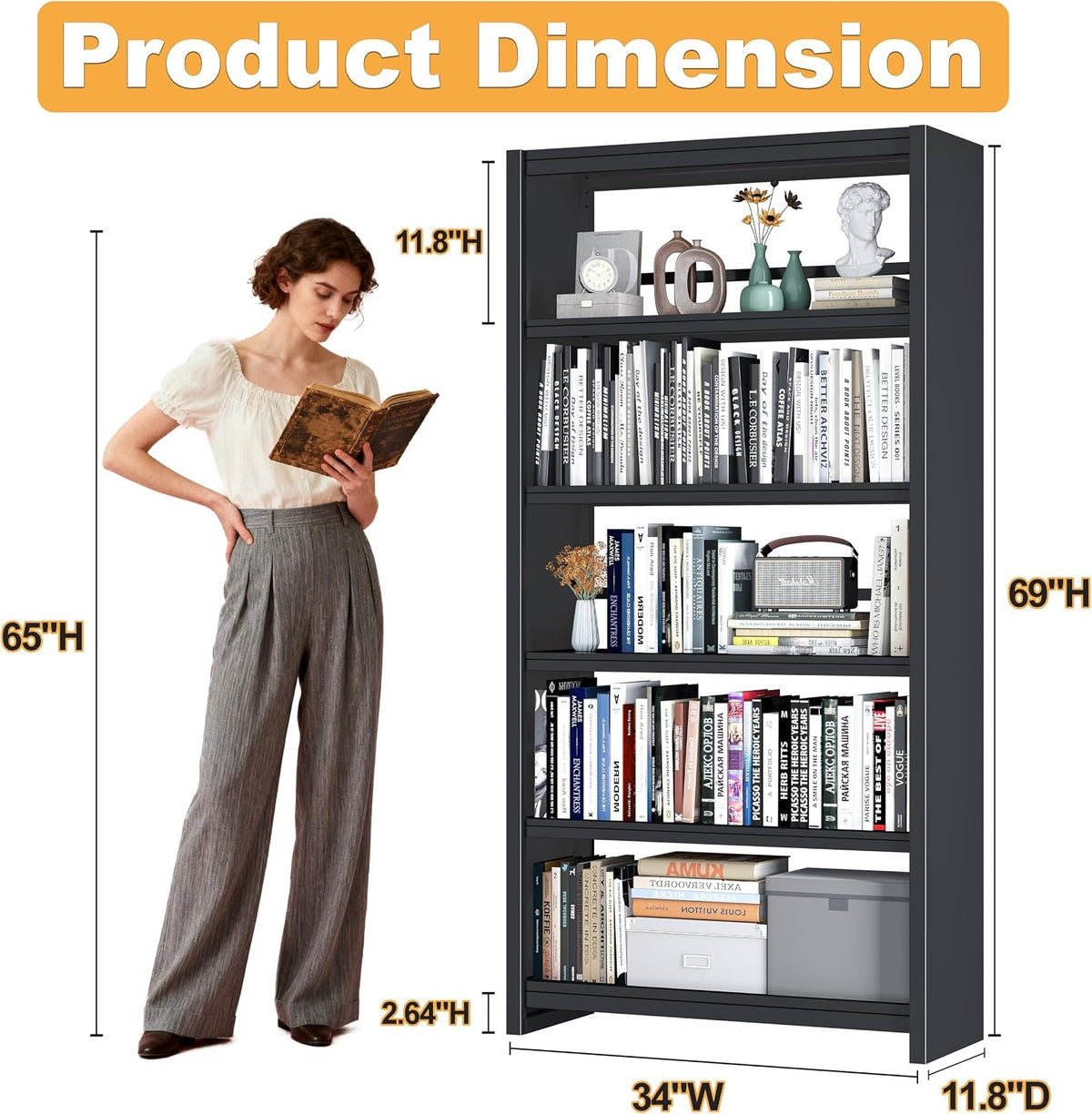 Outstar Simple Metal Bookshelf 5-Tier Industrial Bookcase for Living Room & Home Office