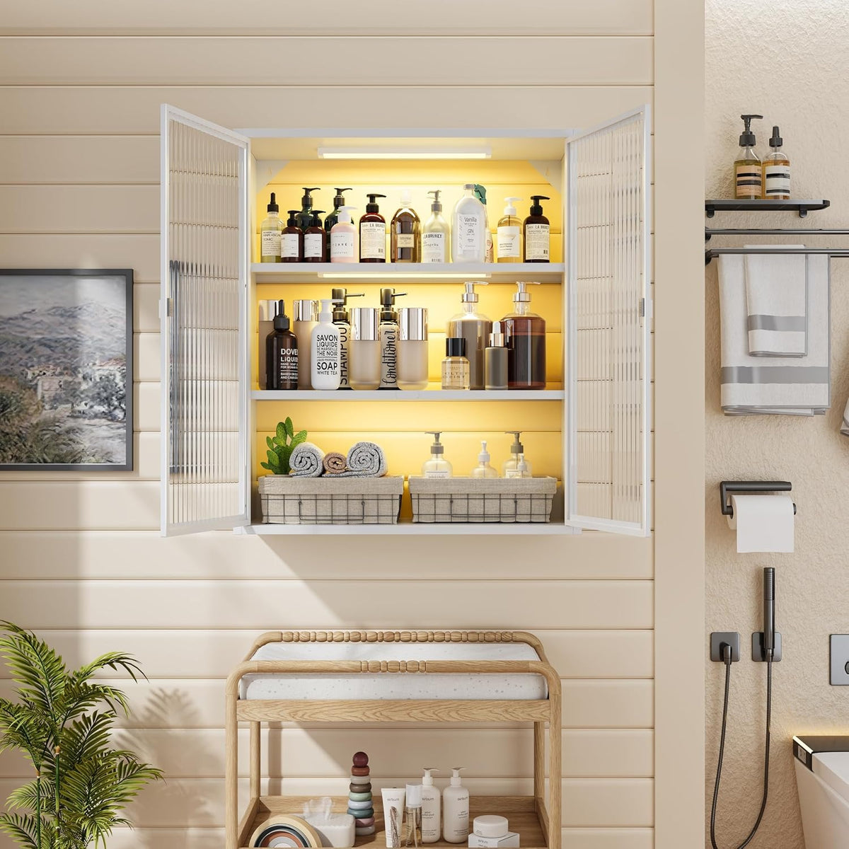 Outstar Wall Mounted Bathroom Cabinet With Glass Doors 3 Tier Metal Storage Cabinet With 2 LED Lights for Bathroom