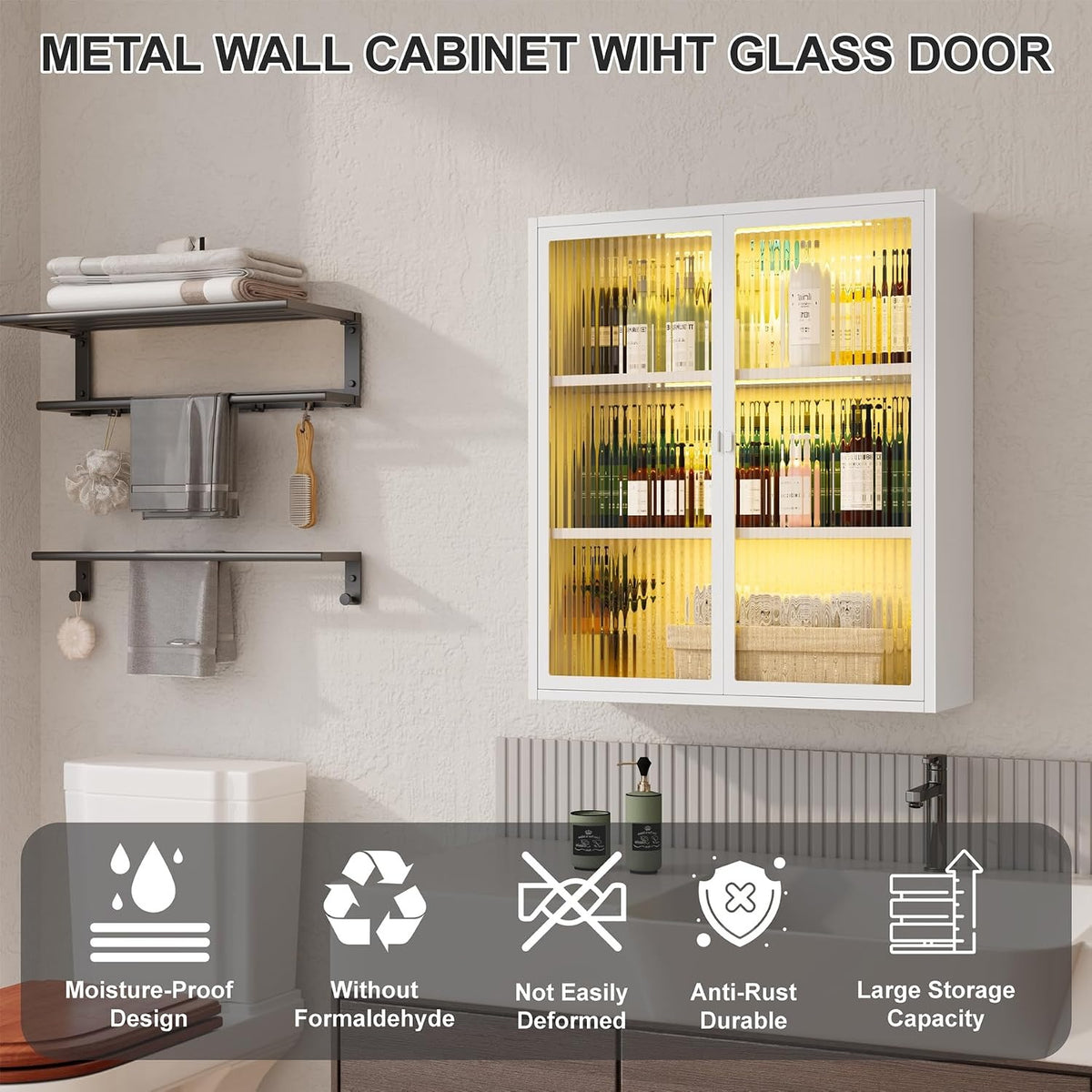 Outstar Wall Mounted Bathroom Cabinet With Glass Doors 3 Tier Metal Storage Cabinet With 2 LED Lights for Bathroom