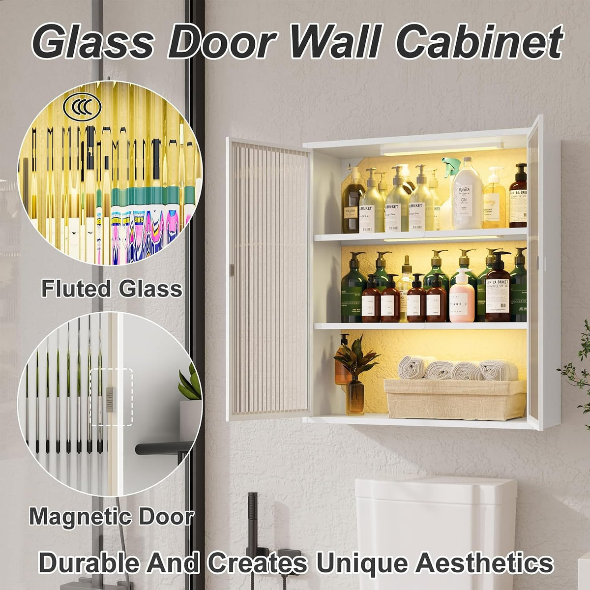 Outstar Wall Mounted Bathroom Cabinet With Glass Doors 3 Tier Metal Storage Cabinet With 2 LED Lights for Bathroom