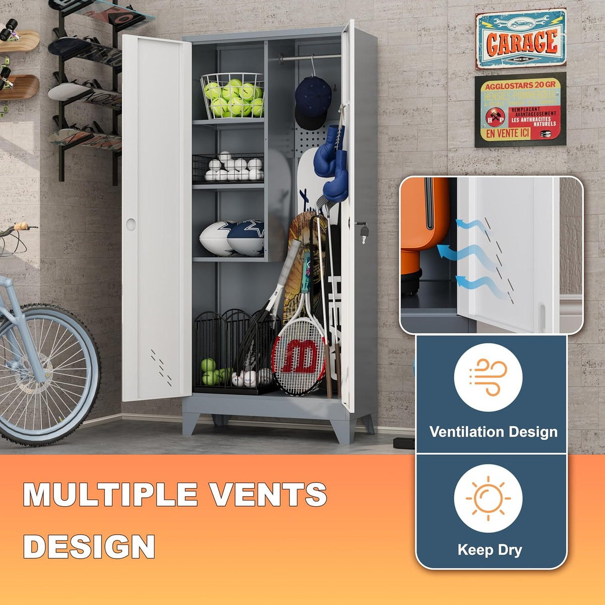 Outstar 61 Inch Two Tone Metal Storage Cabinet Lockable Utility Closet With Pegboard White And Grey