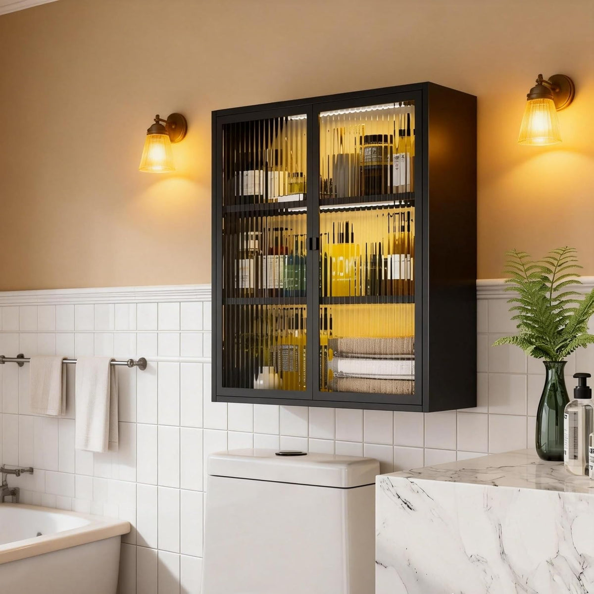 Outstar Wall Mounted Bathroom Cabinet With Glass Doors 3 Tier Metal Storage Cabinet With 2 LED Lights for Bathroom