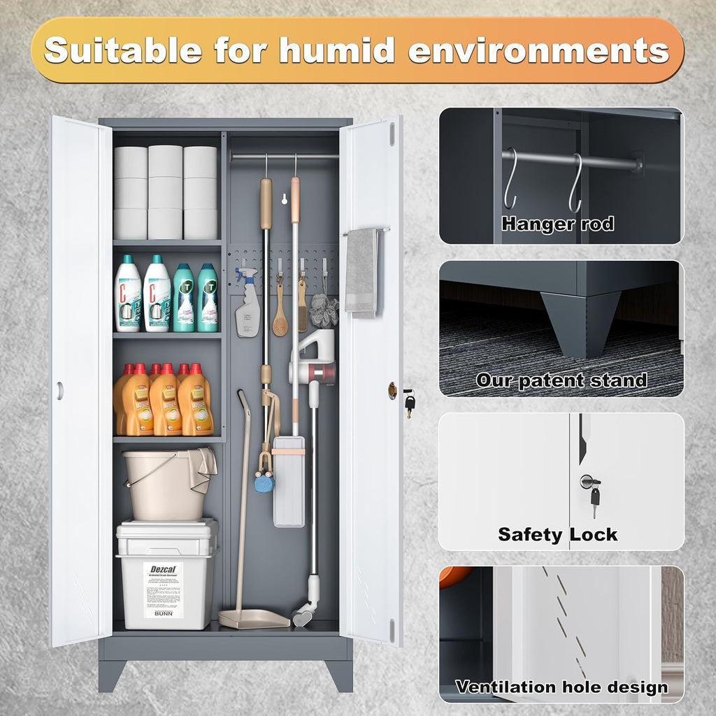 Outstar 61 Inch Two Tone Metal Storage Cabinet Lockable Utility Closet With Pegboard White And Grey