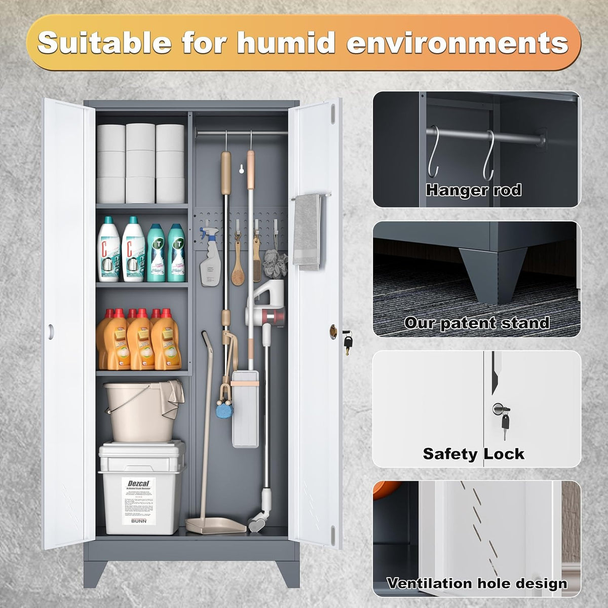Outstar 61 Inch Two Tone Metal Storage Cabinet Lockable Utility Closet With Pegboard White And Grey
