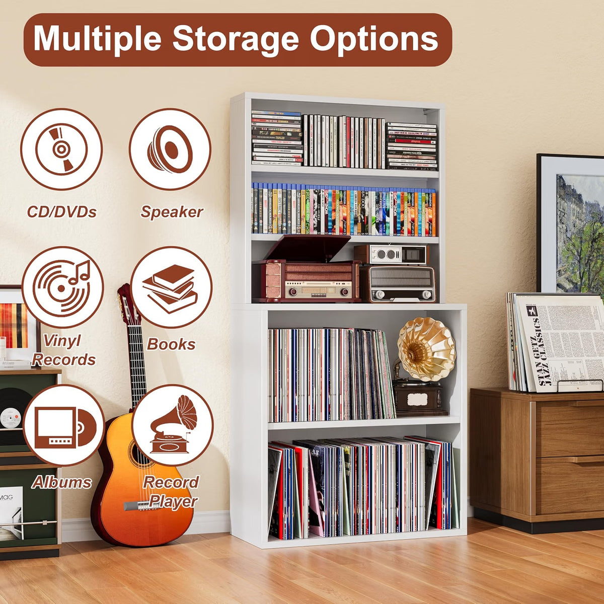 Outstar 5 Tier Metal Record Player Stand Media Storage Cabinet CD DVD Organizer Shelf White