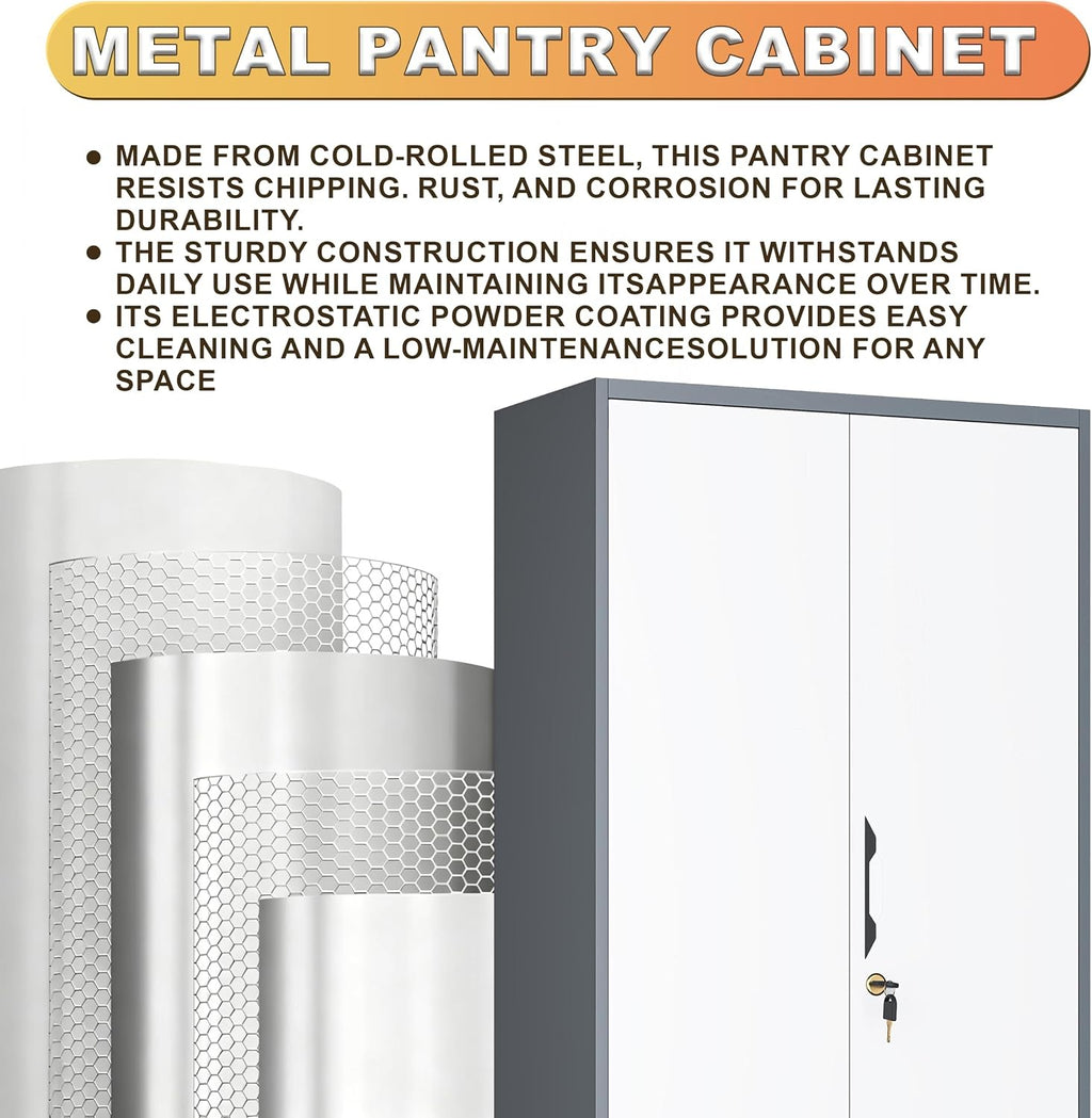 Outstar 61 Inch Two Tone Metal Storage Cabinet Lockable Utility Closet With Pegboard White And Grey