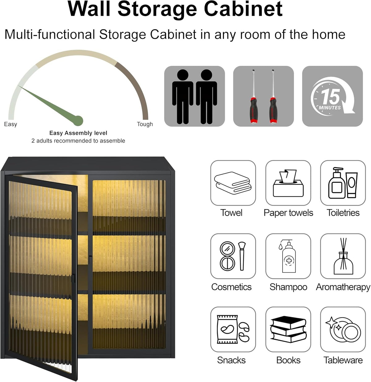 Outstar Wall Mounted Bathroom Cabinet With Glass Doors 3 Tier Metal Storage Cabinet With 2 LED Lights for Bathroom