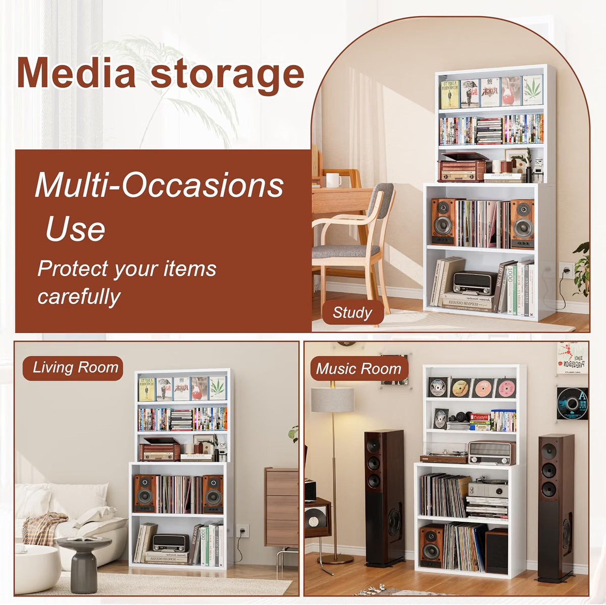 Outstar 5 Tier Metal Record Player Stand Media Storage Cabinet CD DVD Organizer Shelf White