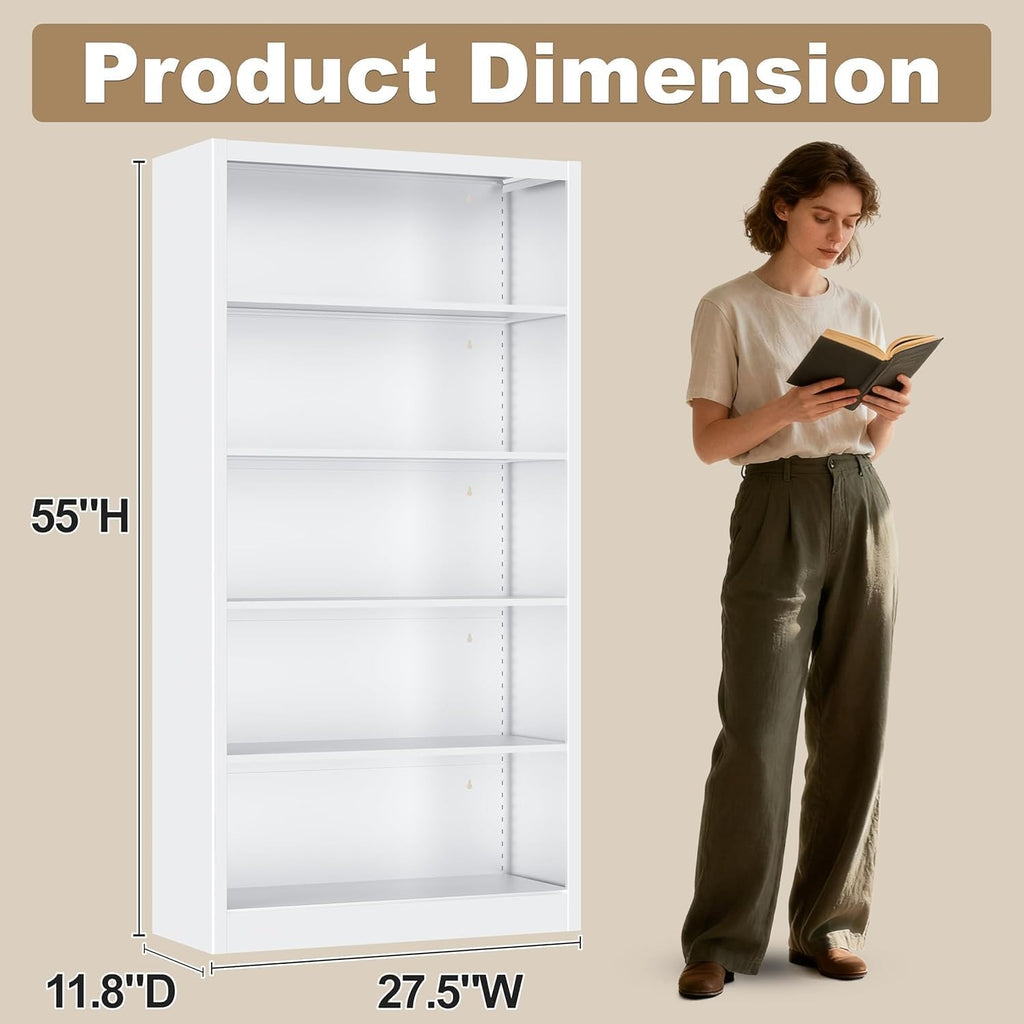 Outstar Heavy Duty Metal Bookcase 5-Tier Adjustable Tall Bookshelf 180 lbs Load Per Shelf for Living Room Home Office Bedroom Garage