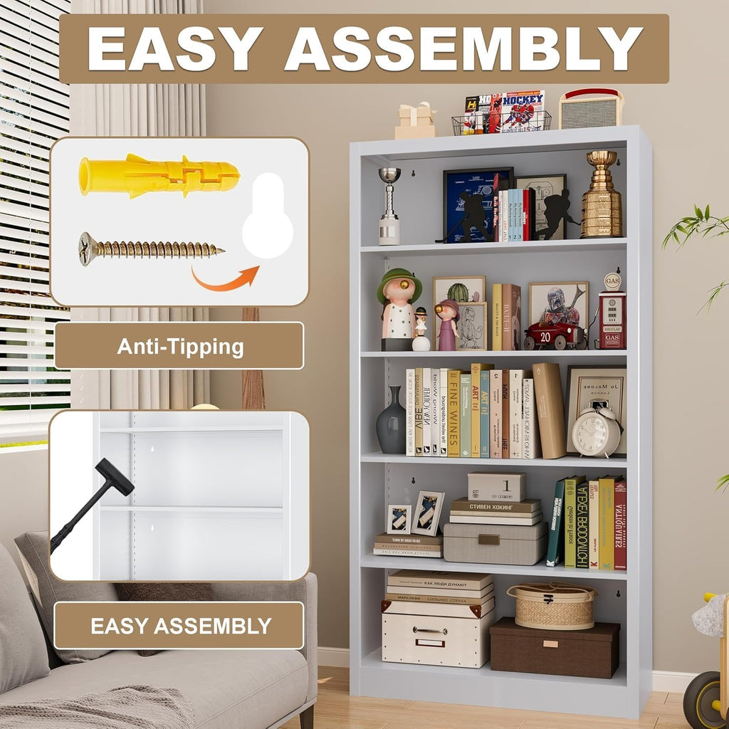 Outstar Heavy Duty Metal Bookcase 5-Tier Adjustable Tall Bookshelf 180 lbs Load Per Shelf for Living Room Home Office Bedroom Garage