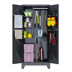 Outstar 75 Inch Tall Metal Utility Cleaning Cabinet Lockable Garage Storage Locker Broom Closet With Drainage Board Black