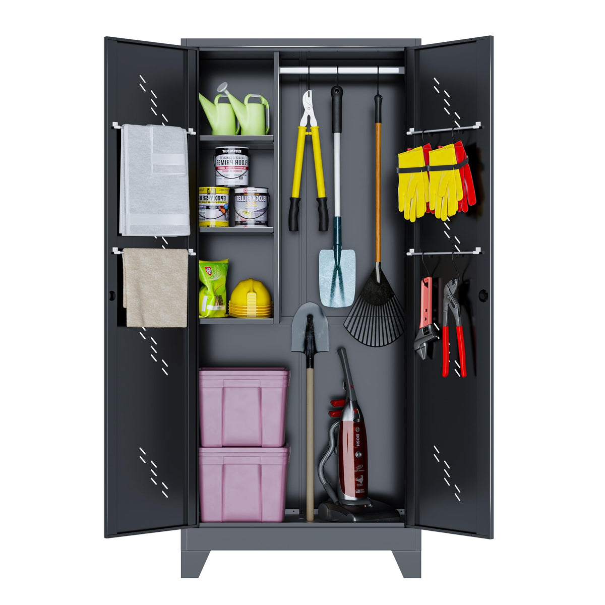 Outstar 75 Inch Tall Metal Utility Cleaning Cabinet Lockable Garage Storage Locker Broom Closet With Drainage Board Black