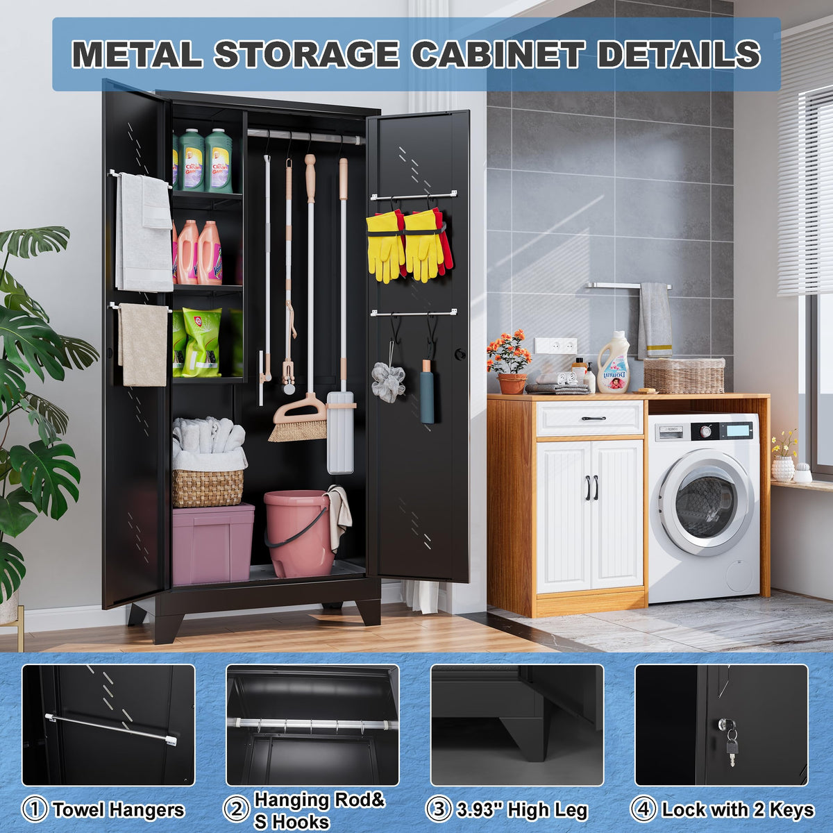 Outstar 75 Inch Tall Metal Utility Cleaning Cabinet Lockable Garage Storage Locker Broom Closet With Drainage Board Black