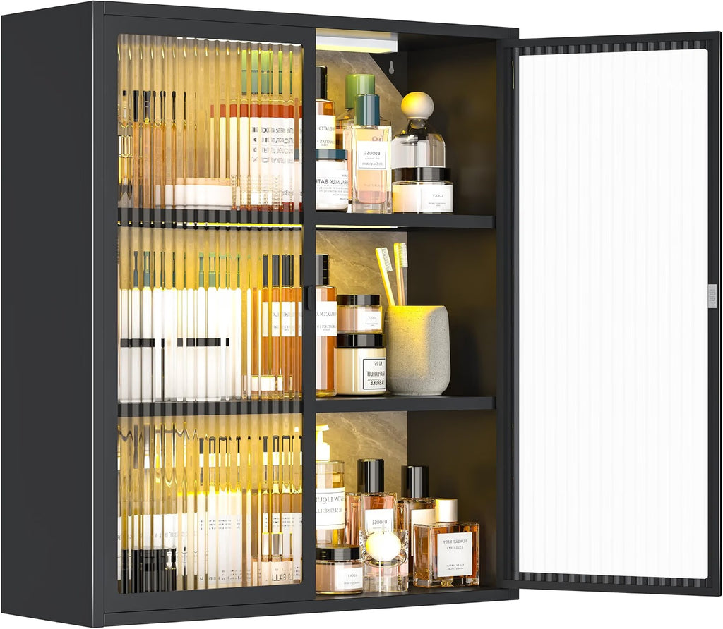 Outstar Wall Mounted Bathroom Cabinet With Glass Doors 3 Tier Metal Storage Cabinet With 2 LED Lights for Bathroom