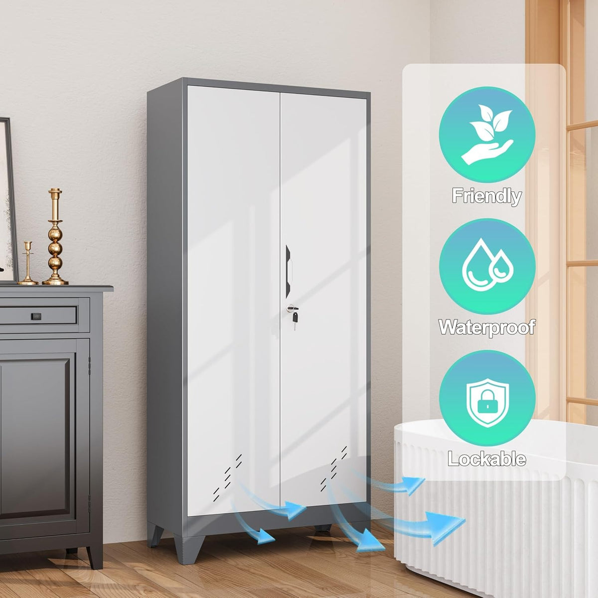 Outstar 61 Inch Two Tone Metal Storage Cabinet Lockable Utility Closet With Pegboard White And Grey