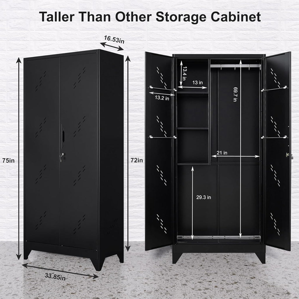Outstar 75 Inch Tall Metal Utility Cleaning Cabinet Lockable Garage Storage Locker Broom Closet With Drainage Board Black