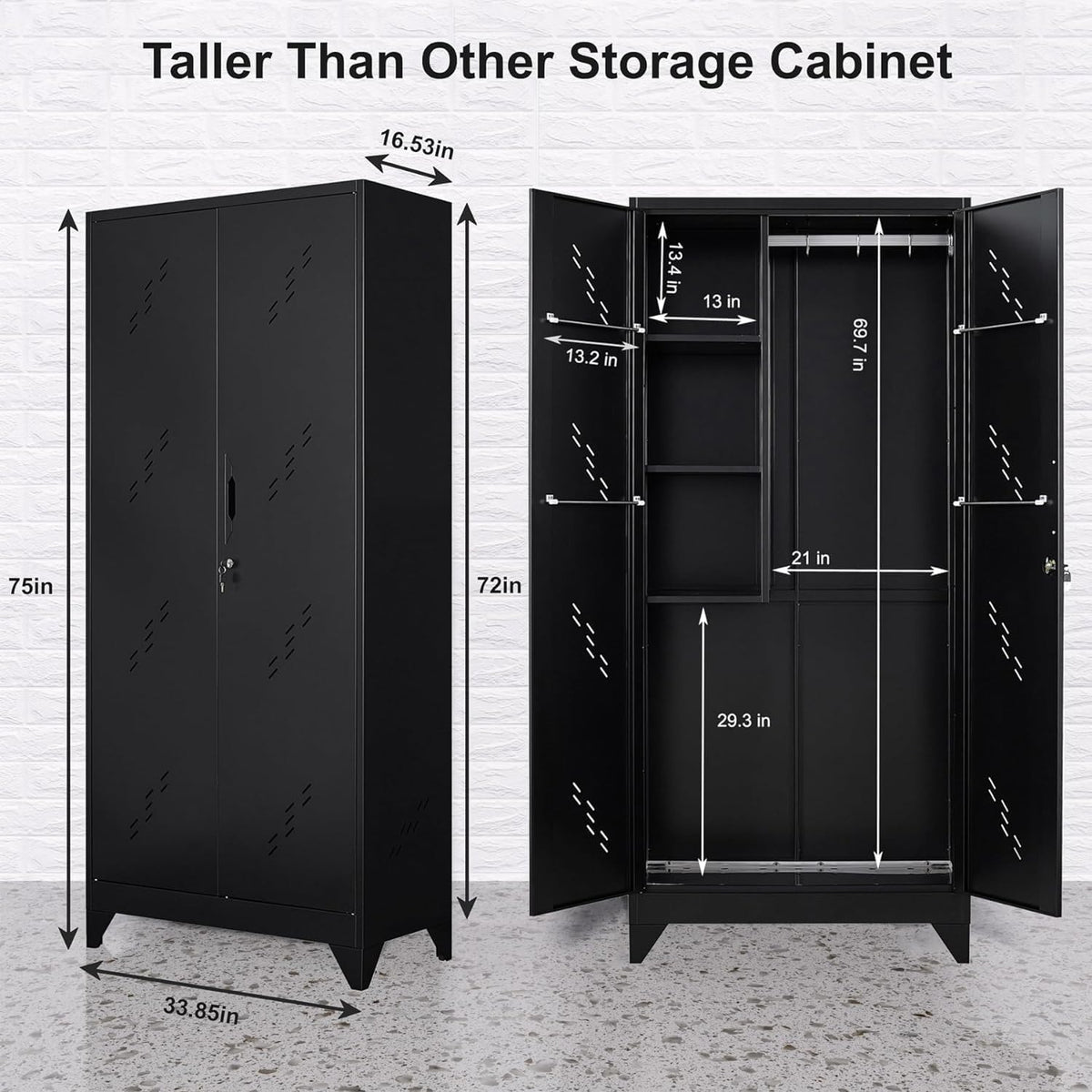 Outstar 75 Inch Tall Metal Utility Cleaning Cabinet Lockable Garage Storage Locker Broom Closet With Drainage Board Black