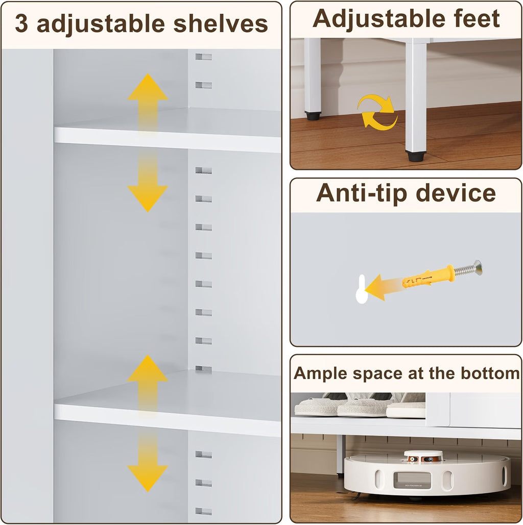 Outstar 40 Inch Metal Shoe Cabinet 4 Tier Freestanding Shoe Storage Cabinet with Louvered Doors White