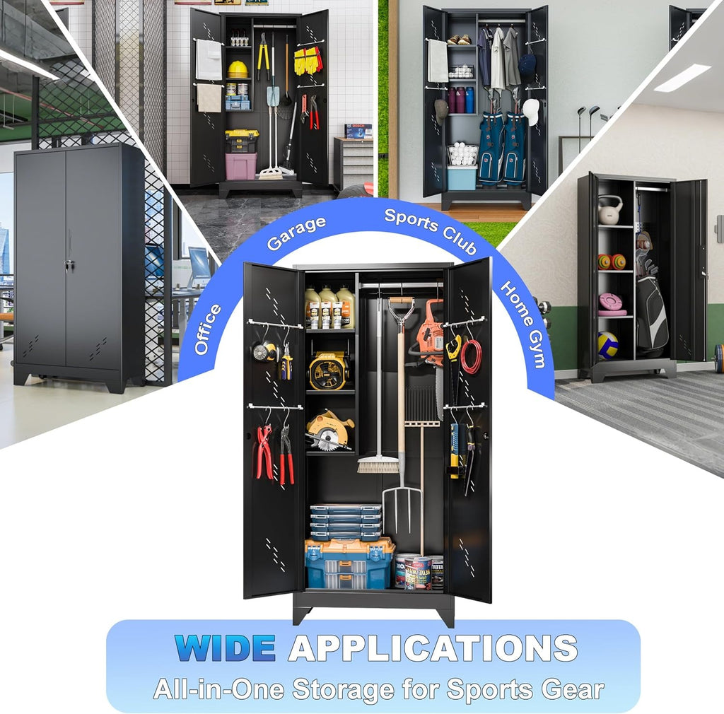 Outstar 75 Inch Tall Metal Utility Cleaning Cabinet Lockable Garage Storage Locker Broom Closet With Drainage Board Black