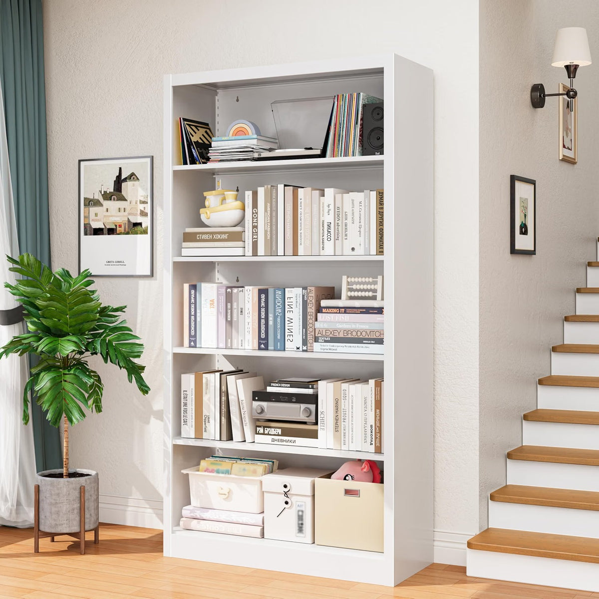 Outstar Heavy Duty Metal Bookcase 5-Tier Adjustable Tall Bookshelf 180 lbs Load Per Shelf for Living Room Home Office Bedroom Garage